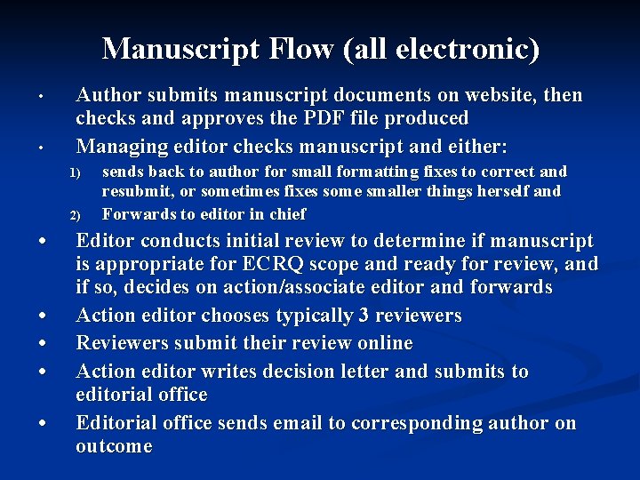 Manuscript Flow (all electronic) • • Author submits manuscript documents on website, then checks