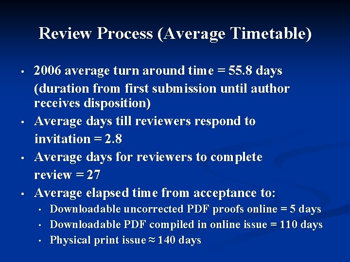 Review Process (Average Timetable) • • 2006 average turn around time = 55. 8