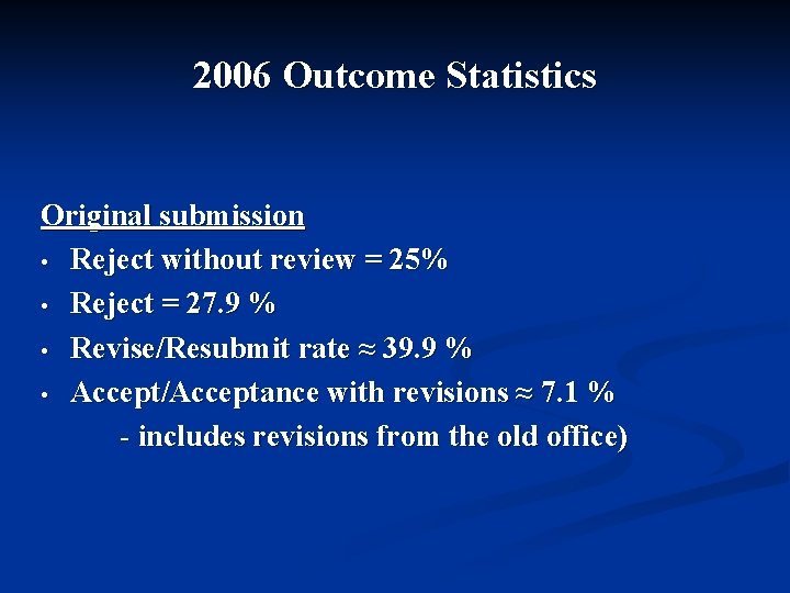2006 Outcome Statistics Original submission • Reject without review = 25% • Reject =