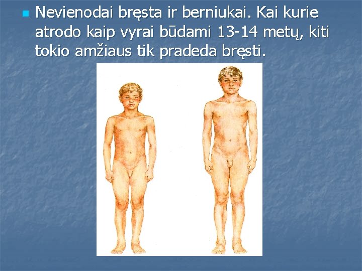 n Nevienodai bręsta ir berniukai. Kai kurie atrodo kaip vyrai būdami 13 -14 metų,