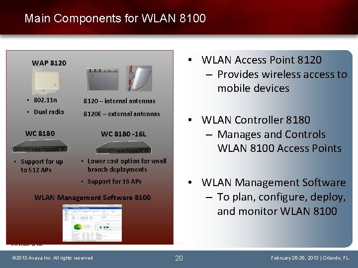 Main Components for WLAN 8100 • WLAN Access Point 8120 – Provides wireless access