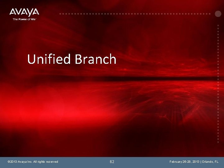 Unified Branch © 2013 Avaya Inc. All rights reserved 62 February 26 -28, 2013