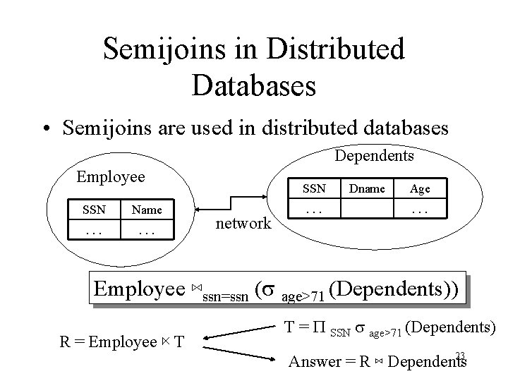 Semijoins in Distributed Databases • Semijoins are used in distributed databases Dependents Employee SSN