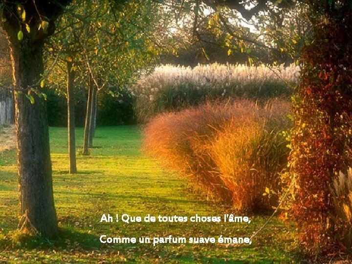 Ah ! Que de toutes choses l'âme, Comme un parfum suave émane, 