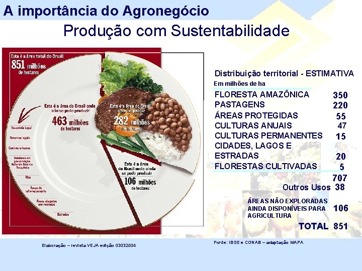 A importância do Agronegócio Produção com Sustentabilidade Distribuição territorial - ESTIMATIVA Em milhões de