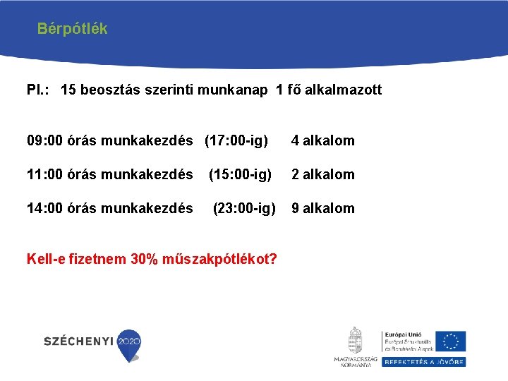 Bérpótlék Pl. : 15 beosztás szerinti munkanap 1 fő alkalmazott 09: 00 órás munkakezdés