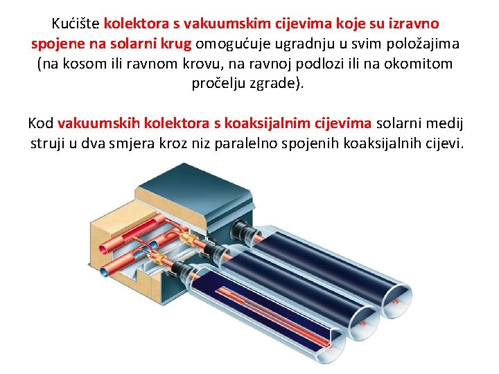 Kućište kolektora s vakuumskim cijevima koje su izravno spojene na solarni krug omogućuje ugradnju