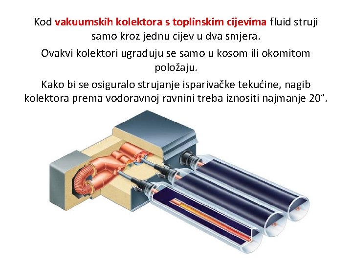 Kod vakuumskih kolektora s toplinskim cijevima fluid struji samo kroz jednu cijev u dva