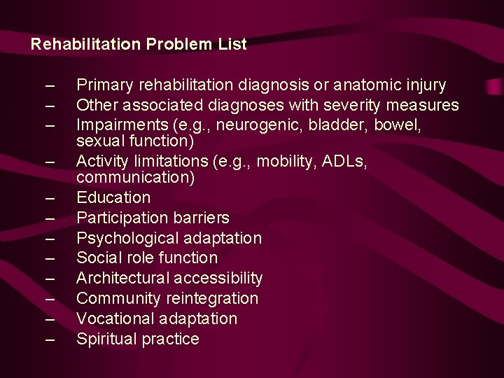 Rehabilitation Problem List – – – Primary rehabilitation diagnosis or anatomic injury Other associated