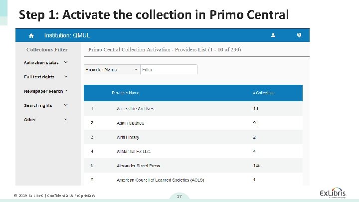 Step 1: Activate the collection in Primo Central © 2019 Ex Libris | Confidential