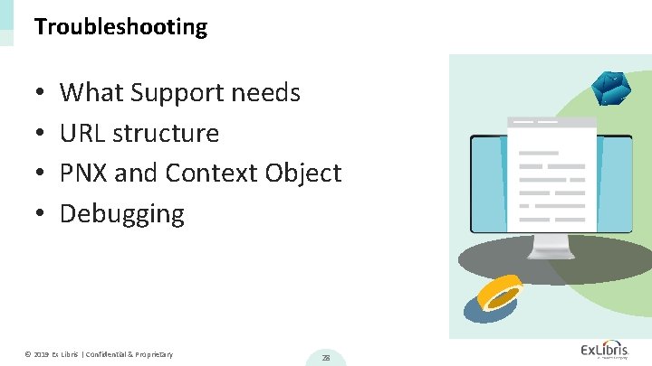 Troubleshooting • • What Support needs URL structure PNX and Context Object Debugging ©