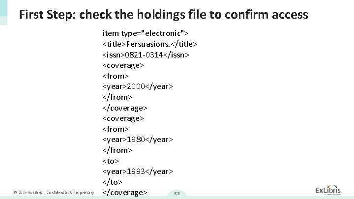 First Step: check the holdings file to confirm access © 2019 Ex Libris |