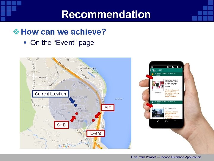 Recommendation v How can we achieve? § On the “Event” page Current Location AIT