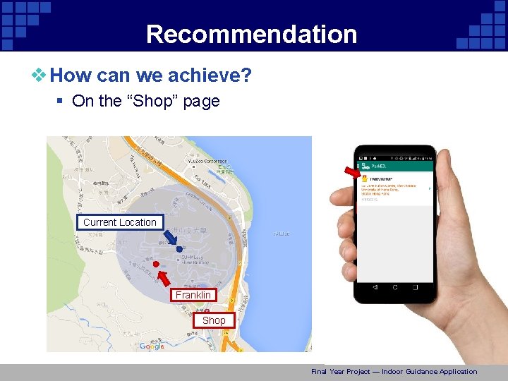 Recommendation v How can we achieve? § On the “Shop” page Current Location Franklin