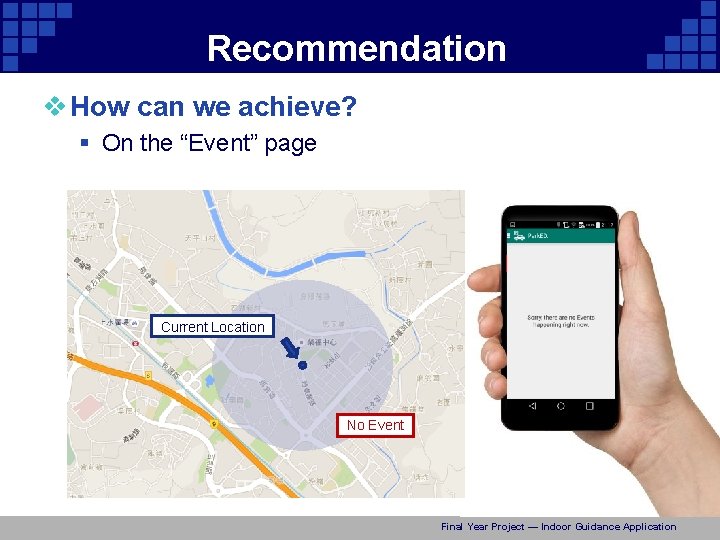 Recommendation v How can we achieve? § On the “Event” page Current Location No