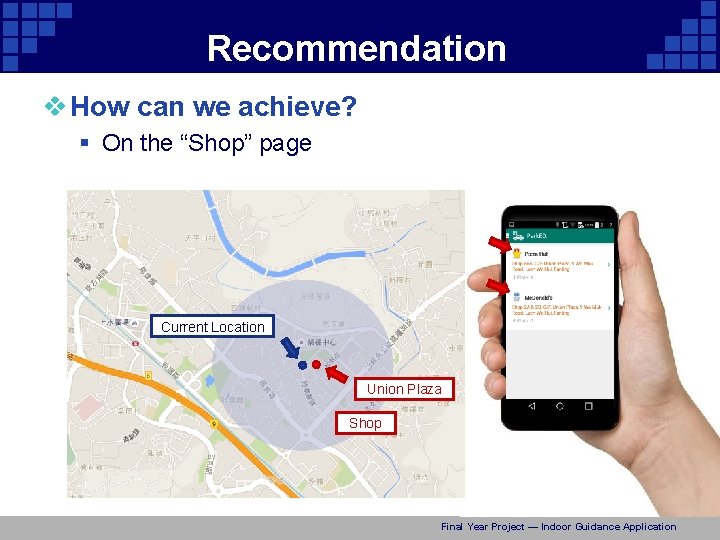 Recommendation v How can we achieve? § On the “Shop” page Current Location Union