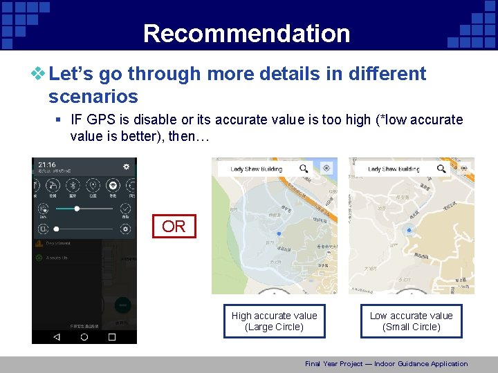 Recommendation v Let’s go through more details in different scenarios § IF GPS is