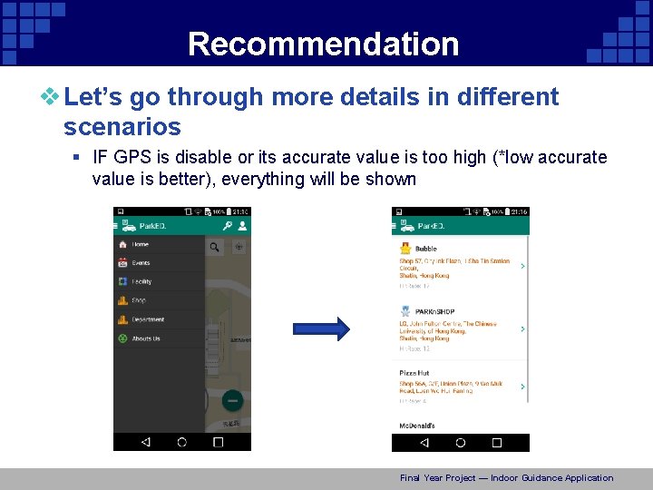 Recommendation v Let’s go through more details in different scenarios § IF GPS is