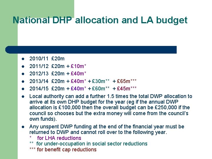 National DHP allocation and LA budget l l l l 2010/11 £ 20 m