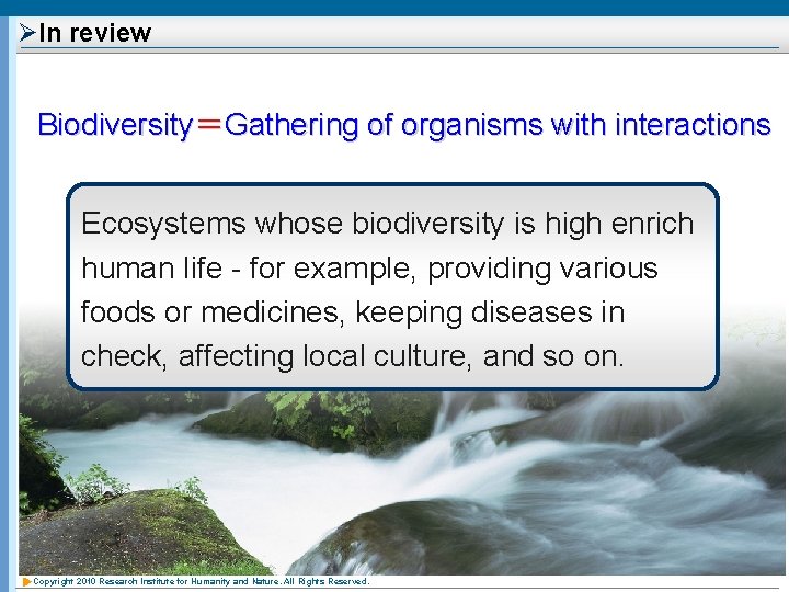 ØIn review Biodiversity＝Gathering of organisms with interactions Ecosystems whose biodiversity is high enrich human