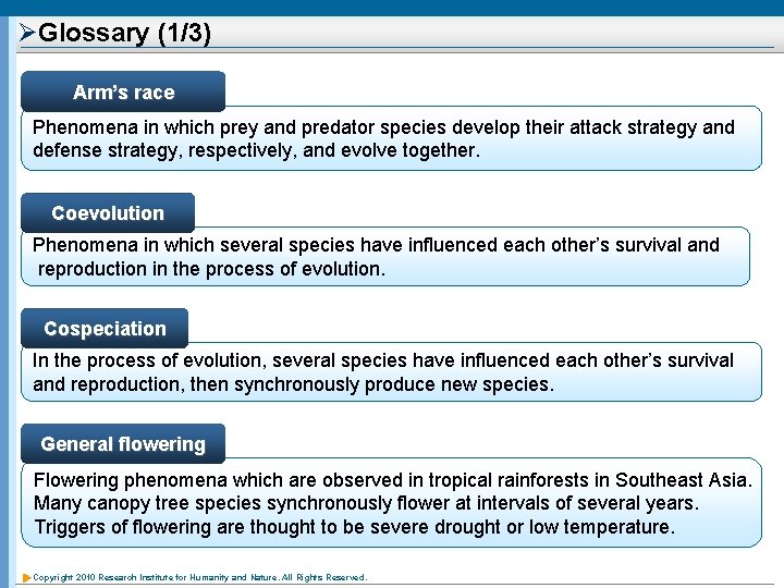 ØGlossary (1/3) Arm’s race Phenomena in which prey and predator species develop their attack