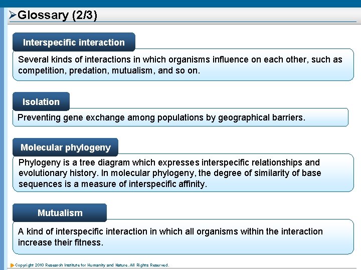 ØGlossary (2/3) Interspecific interaction Several kinds of interactions in which organisms influence on each