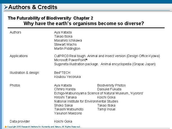 ØAuthors & Credits The Futurability of Biodiversity Chapter 2 Why have the earth’s organisms