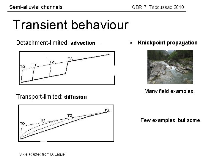 Semi-alluvial channels GBR 7, Tadoussac 2010 Transient behaviour Detachment-limited: advection Transport-limited: diffusion Knickpoint propagation