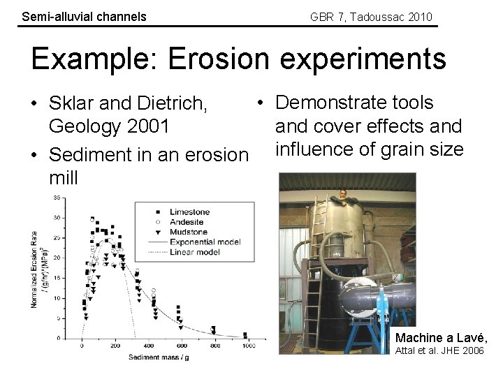 Semi-alluvial channels GBR 7, Tadoussac 2010 Example: Erosion experiments • Demonstrate tools • Sklar