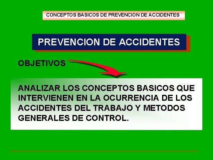 CONCEPTOS BASICOS DE PREVENCION DE ACCIDENTES OBJETIVOS ANALIZAR LOS CONCEPTOS BASICOS QUE INTERVIENEN EN