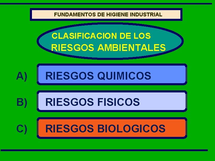 FUNDAMENTOS HIGIENE FUNDAMENTOS DE DE LA HIGIENE INDUSTRIAL CLASIFICACION DE LOS RIESGOS AMBIENTALES A)