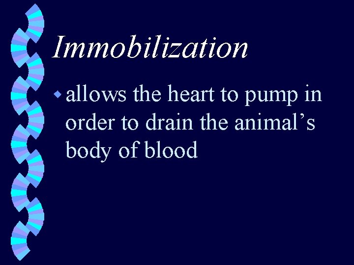 Immobilization w allows the heart to pump in order to drain the animal’s body