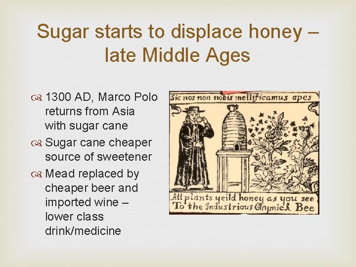 Sugar starts to displace honey – late Middle Ages 1300 AD, Marco Polo returns