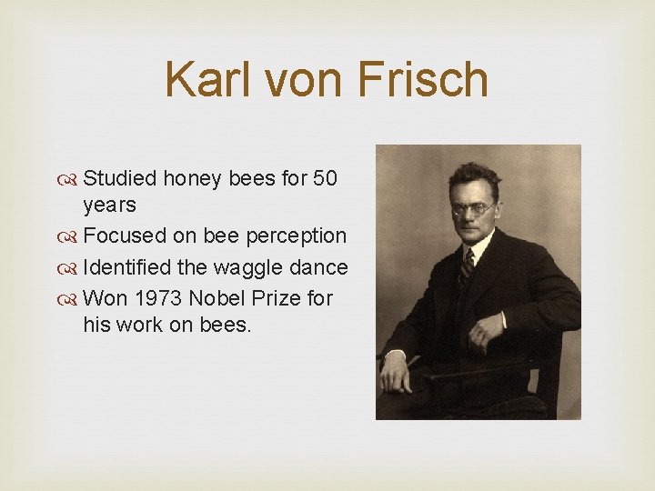 Karl von Frisch Studied honey bees for 50 years Focused on bee perception Identified