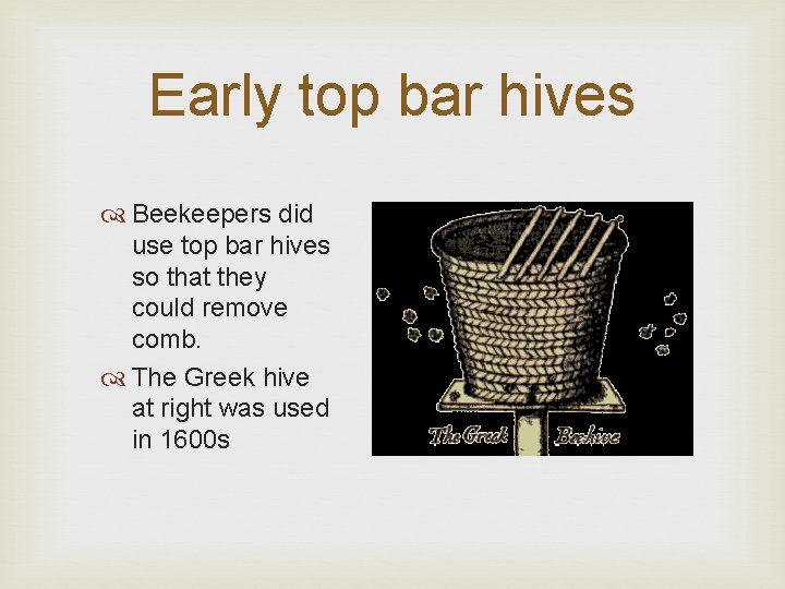 Early top bar hives Beekeepers did use top bar hives so that they could