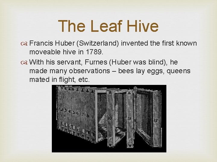 The Leaf Hive Francis Huber (Switzerland) invented the first known moveable hive in 1789.
