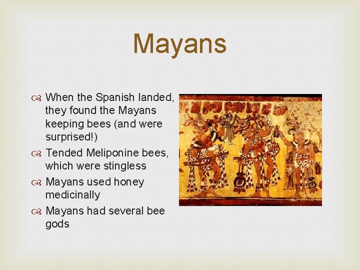 Mayans When the Spanish landed, they found the Mayans keeping bees (and were surprised!)