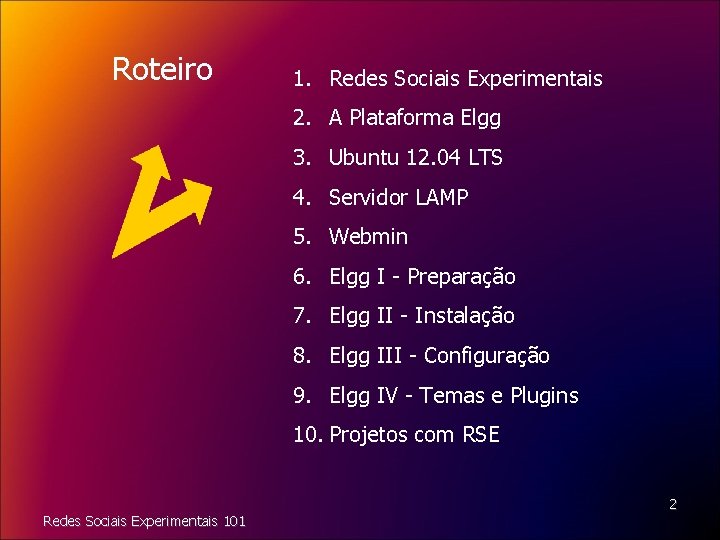 Roteiro 1. Redes Sociais Experimentais 2. A Plataforma Elgg 3. Ubuntu 12. 04 LTS