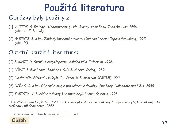 Použitá literatura Obrázky byly použity z: [1] ALTERS, S. Biology – Understanding Life. Mosby-Year