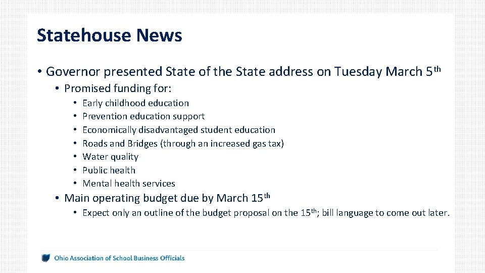 Statehouse News • Governor presented State of the State address on Tuesday March 5