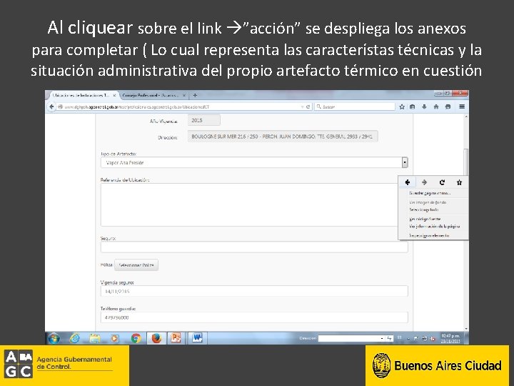 Al cliquear sobre el link ”acción” se despliega los anexos para completar ( Lo