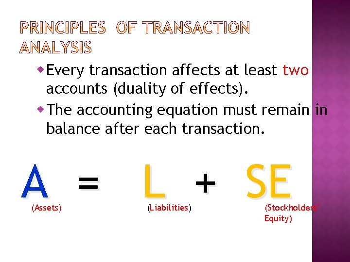 w Every transaction affects at least two accounts (duality of effects). w The accounting