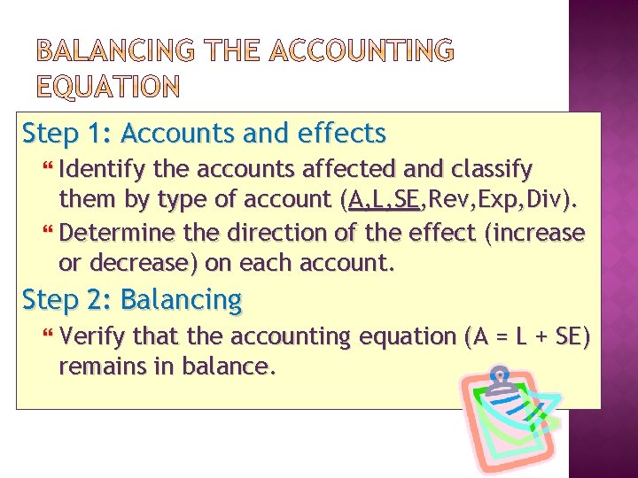 Step 1: Accounts and effects Identify the accounts affected and classify them by type