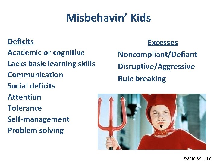 Misbehavin’ Kids Deficits Academic or cognitive Lacks basic learning skills Communication Social deficits Attention