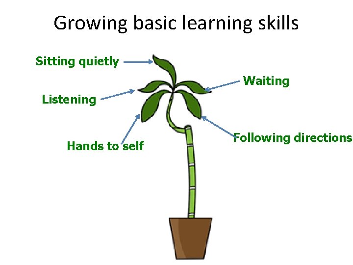 Growing basic learning skills Sitting quietly Waiting Listening Hands to self Following directions 