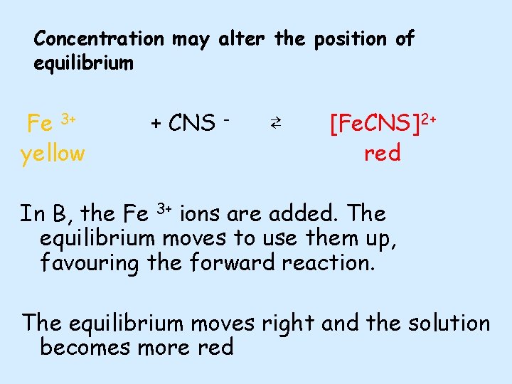 Concentration may alter the position of equilibrium Fe 3+ yellow + CNS - ⇄