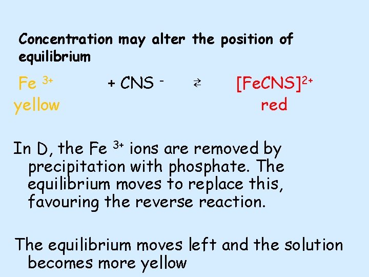 Concentration may alter the position of equilibrium Fe 3+ yellow + CNS - ⇄