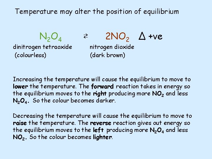 Temperature may alter the position of equilibrium N 2 O 4 dinitrogen tetraoxide (colourless)