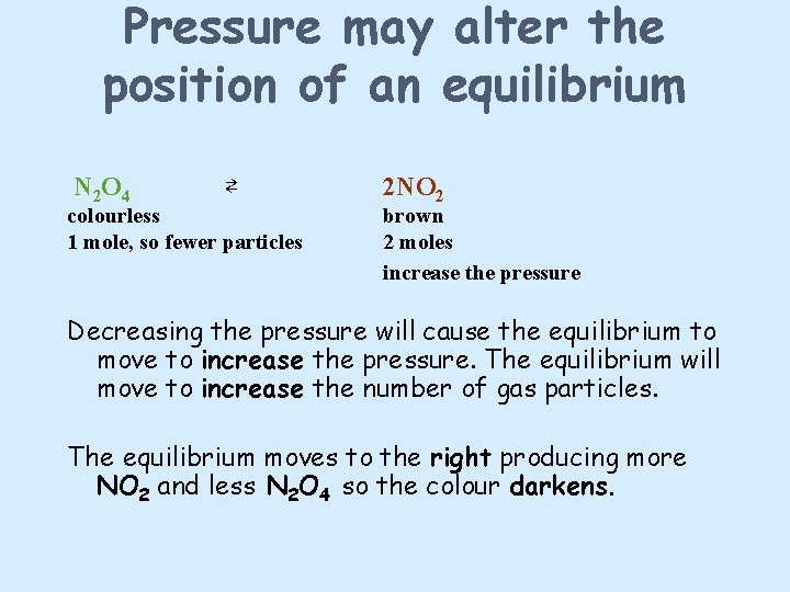 Pressure may alter the position of an equilibrium N 2 O 4 ⇄ colourless