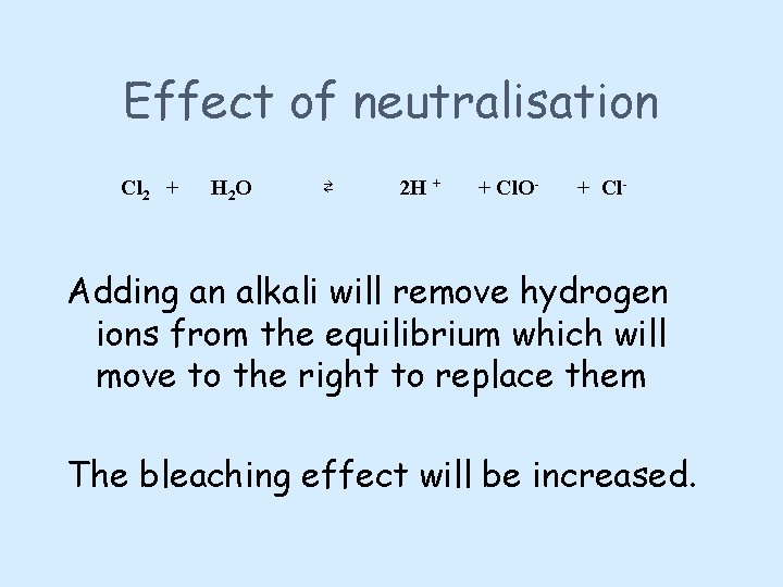 Effect of neutralisation Cl 2 + H 2 O ⇄ 2 H + +